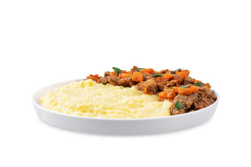 Beef stew with mashed potatoes on a white isolated background