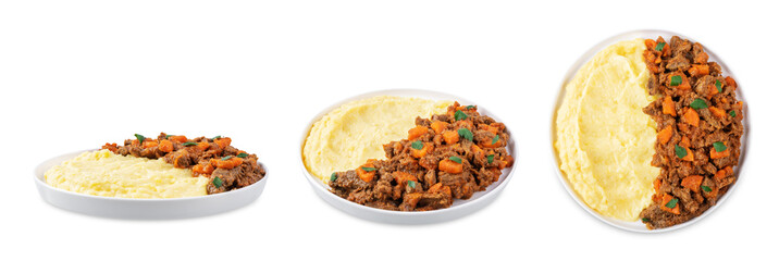 Beef stew with mashed potatoes on a white isolated background
