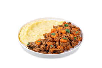 Beef stew with mashed potatoes on a white isolated background