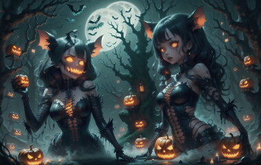 Fototapeta premium A terrifying Halloween night with jack-o'-lanterns and vampire bats.