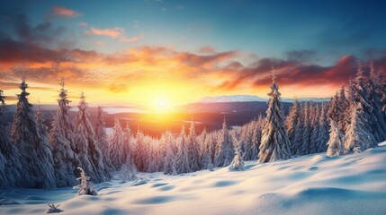 Beautiful scenery in the evening light under a vibrant sun. tense moment in the winter. beauty industry. vintage-looking filter. Cheers to a prosperous new year. Forest of snow