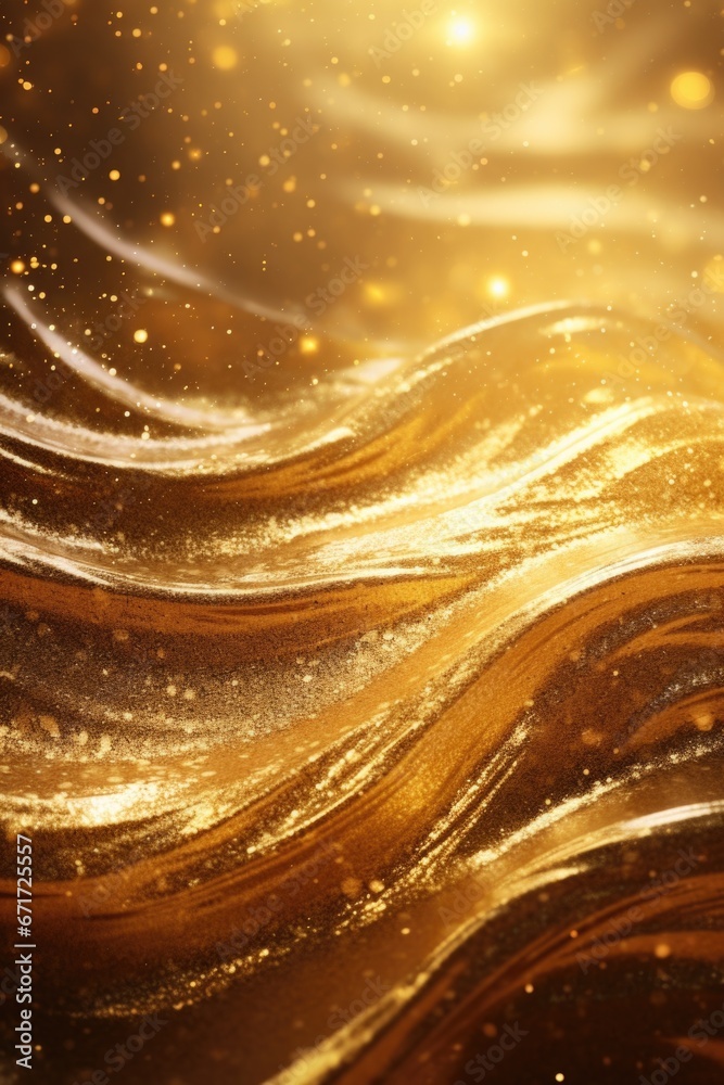 Poster A stunning gold background featuring a captivating wave of liquid. Perfect for adding a touch of elegance and sophistication to any design project.