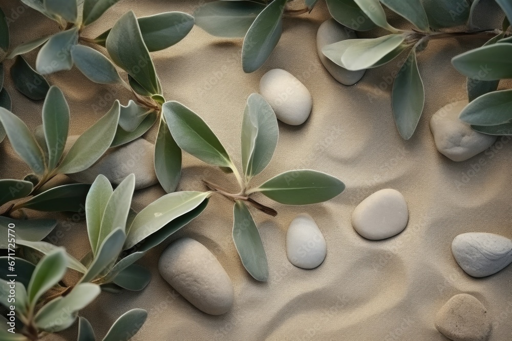 Poster A collection of rocks and leaves scattered on a sandy surface. This versatile image can be used to depict nature, environment, textures, or even as a background for various projects