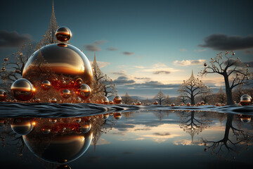 Futuristic hollidays background, red christmass decoration, evening, white snow in the mountain with decorative Christmas green trees and gifts inside, futuristic sky background. AI Generative