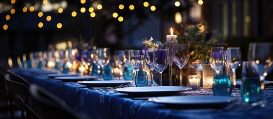 Elevated rooftop dinner tables adorned with gray and blue cloths porcelain blue glasses and ornate flower arrangements accentuated by bokeh lights in the background - obrazy, fototapety, plakaty