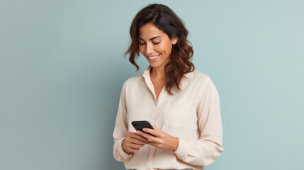 portrait studio d'une jeune femme brune souriante en train d'utiliser une application sur son téléphone portable pour faire un achat ou communiquer - obrazy, fototapety, plakaty