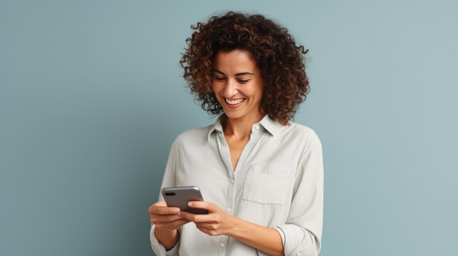 portrait studio d'une jeune femme brune souriante en train d'utiliser une application sur son t&eacute;l&eacute;phone portable pour faire un achat ou communiquer