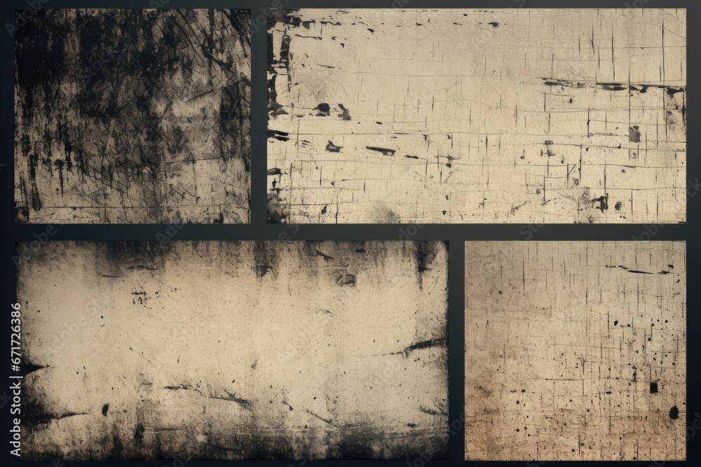 Poster A collection of four photos showcasing a dirty wall. Perfect for adding texture and grunge to design projects.
