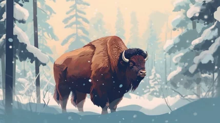 Fototapeten Image of bison standing in a forest with snow on natu.Generative AI © shuvodesign