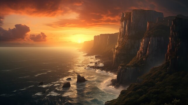 Tall cliffs on the coast at sunrise, AI-generative