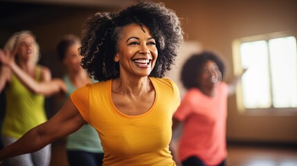  Middle-aged black women enjoying a joyful dance class, candidly expressing their active lifestyle through Zumba with friends, generative ai - obrazy, fototapety, plakaty