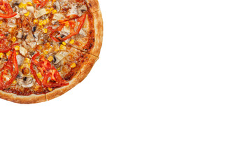 delicious pizza with chicken, mushrooms, cheese, tomatoes and corn on a wooden background, on an isolated white background