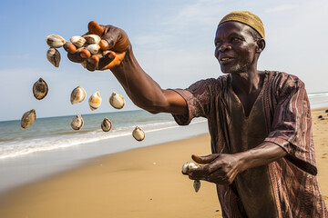 African sorcerer casting cowrie shells for prediction - obrazy, fototapety, plakaty