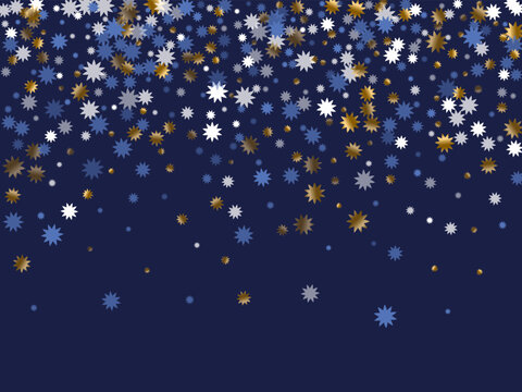 Subtle Christmas star vector ornament illustration. Gold blue white sparkle confetti. Poster