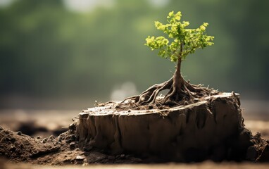 A symbol of renewal and resilience a young tree sprouting from the remains of an old tree stump, illustrating nature's ability to rejuvenate and thrive even in challenging circumstances . - obrazy, fototapety, plakaty