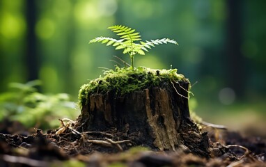 A symbol of renewal and resilience a young tree sprouting from the remains of an old tree stump, illustrating nature's ability to rejuvenate and thrive even in challenging circumstances . - obrazy, fototapety, plakaty