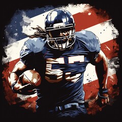 a football player running with the American flag in the background
