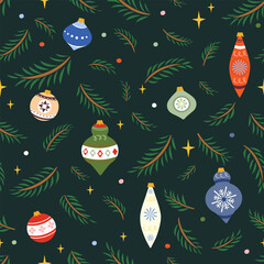 Seamless Christmas pattern with Christmas tree branch and vintage toys