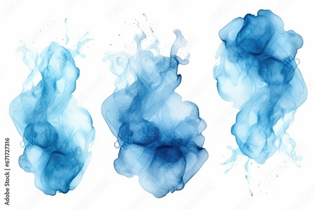 Poster Blue inks suspended in the air, creating a dynamic and abstract visual. This image can be used for various creative projects.