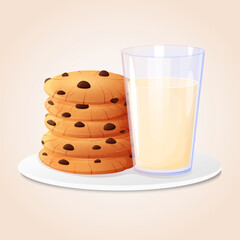 Glass of milk and chocolate chip cookies.Cartoon vector illustration.