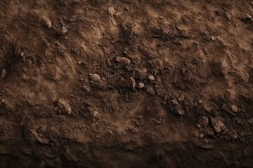 A detailed view of a dirt surface covered with rocks. This image can be used to depict rugged terrain, outdoor landscapes, or natural textures for design projects.