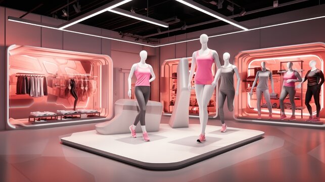 An athleisure wear outlet exhibiting mannequins in dynamic poses, a virtual treadmill for testing shoes, and a mini yoga studio for fitting sports bras.