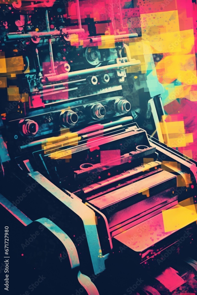 Poster a machine sitting in the middle of a room. suitable for industrial, technology, or futuristic concep