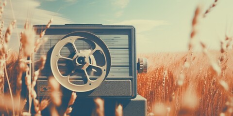 An old radio sitting in a field of wheat. This image can be used to depict nostalgia, rural landscapes, or the concept of time passing. - Powered by Adobe