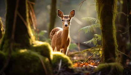 Gardinen Photo of a Serene Forest Scene With a Graceful European Roe Deer, Surrounded by Nature's Beauty © Anna