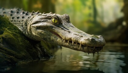 Fototapeta premium Photo of a Majestic Gharial in the Water, Surrounded by Nature's Beauty