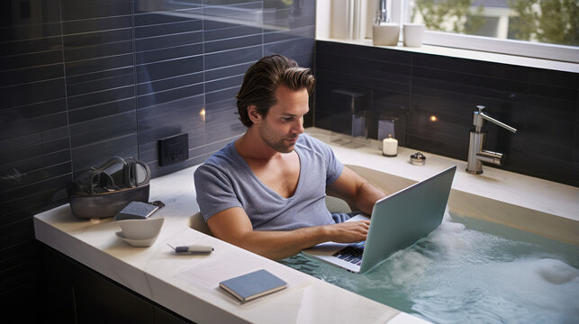 Man using laptop in bubble bath