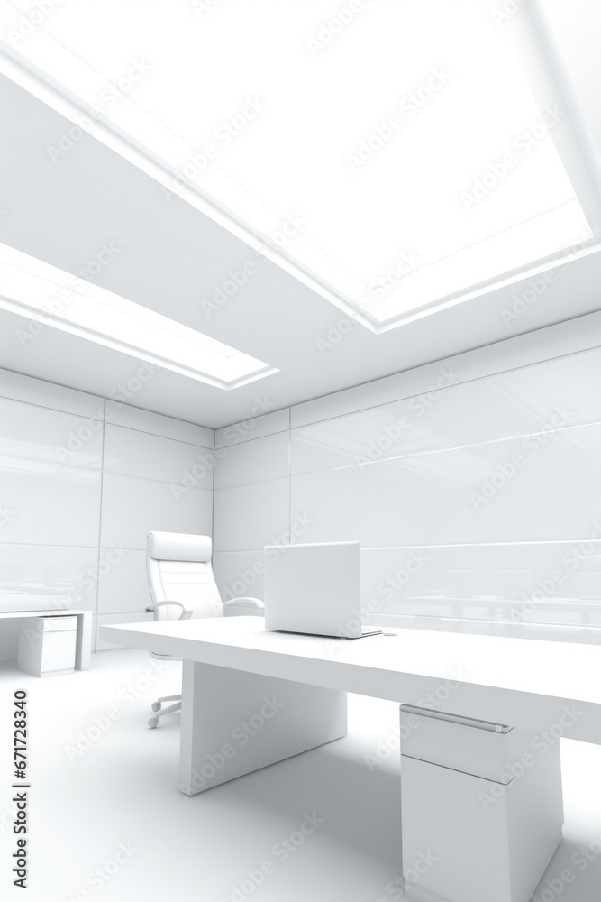 Poster A simple and clean white room with a desk and a laptop. Perfect for showcasing minimalist design or for creating an office or workspace scene.