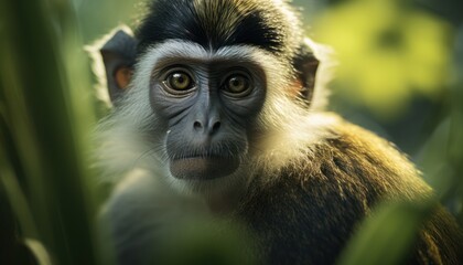 Obraz premium Photo of Close-Up of Curious Guenon Monkey Peeking Through Leaves