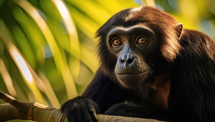 Photo of Close-Up of Curious Howler Monkey Peering from Lush Tree Branches