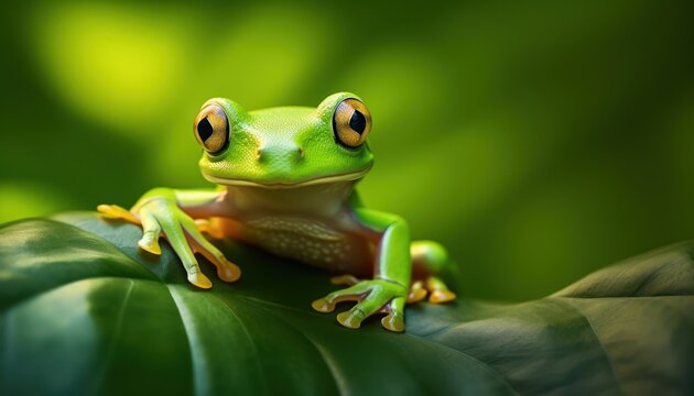 Photo of a Serene Green Tree Frog Perched Upon a Lush Green Leaf