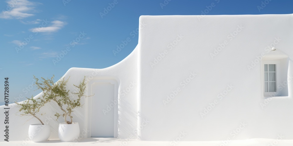 Poster a white building with a potted plant in front. suitable for various architectural and landscaping th