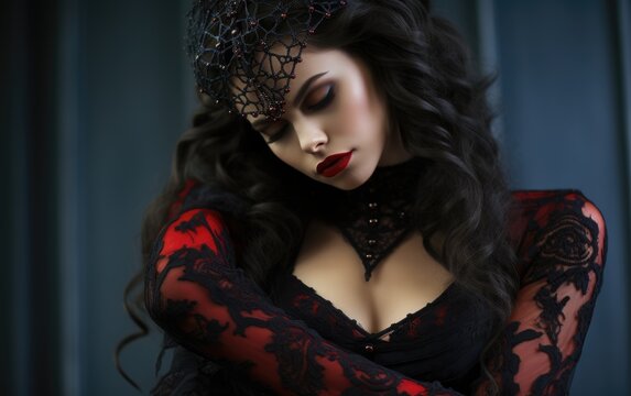 A girl of gothic appearance, a beautiful goddess, an evil queen of pain, a demon, a vampire, the bride of Dracula. Halloween outfit, masquerade, witch cosplay, mysticism and witchcraft