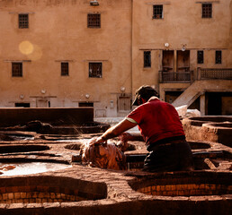 Fes, Morocco: tanner at work