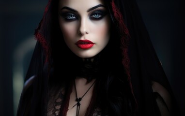 A girl of gothic appearance, a beautiful goddess, an evil queen of pain, a demon, a vampire, the bride of Dracula. Halloween outfit, masquerade, witch cosplay, mysticism and witchcraft - obrazy, fototapety, plakaty