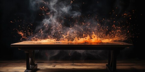 A picture of a table with a large amount of fire on top. This image can be used to depict danger, destruction, or an intense situation.