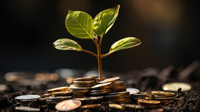 Stack Of Golden Coins And The Seedlings Are Growing On Top. Blurred Green Natural Background,coins With Plant On Top For Business Saving Grow,Pile Of Coins With Plant Growing Out Of It.