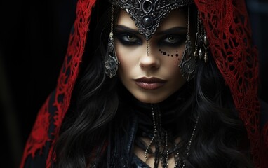 Young goth vampire woman, beautiful goddess, evil queen of pain, witch, vampire, bride of Dracula. Halloween outfit, masquerade, mysticism and witchcraft cosplay - obrazy, fototapety, plakaty