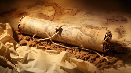 An ancient scroll made of parchment placed on a weathered old paper background, evoking a sense of historical and vintage aesthetics