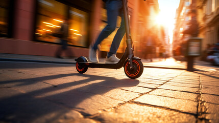 Riding electric scooter on blurred motion city street at sunset