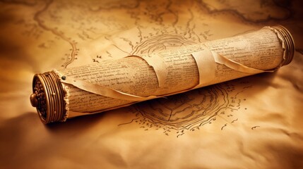 An ancient scroll made of parchment placed on a weathered old paper background, evoking a sense of historical and vintage aesthetics