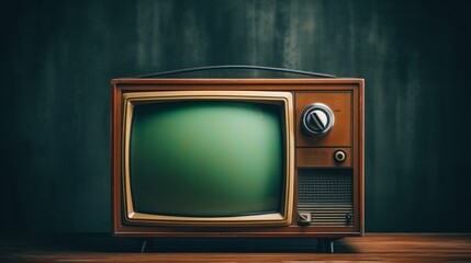 An antique vintage television set isolated against a dark background, displaying no signal and featuring grainy noise, evoking a nostalgic and retro ambiance
