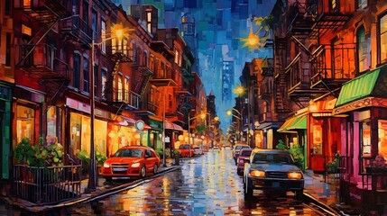 Vibrant cityscape painting with colorful buildings and a lively street at night. generative AI  - obrazy, fototapety, plakaty