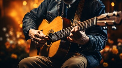 Obraz premium A mesmerizing close-up of hands strumming an acoustic guitar stirs feelings of creativity, enthusiasm, and musicality.