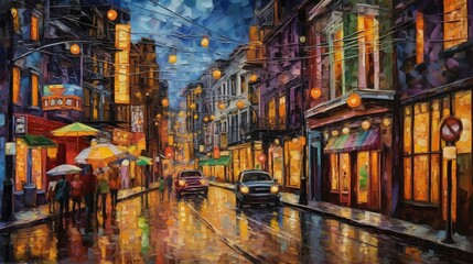 Vibrant cityscape painting with colorful buildings and a lively street at night. generative AI 