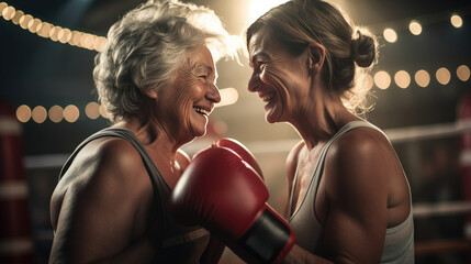 Two fit senior women boxing in gym,happy two senior women boxing at the gym. - obrazy, fototapety, plakaty